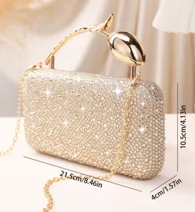 Detailed macro view of sparkling rhinestone evening clutch bag with precise product dimensions
