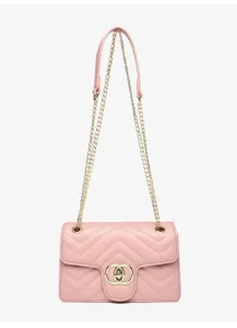 Elegant pink quilted small square bag with golden chain strap and circular buckle detail