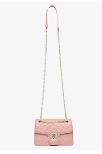 Stylish pink quilted chain bag with chevron pattern and gold hardware detail.