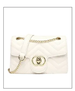 Detailed close-up of an elegant white quilted crossbody bag with stylish gold chain strap