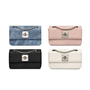 Borsa a Spalla da Donna in Denim Trapuntato con Catena Retrò Piccola Borsa a Tracolla Quadrata con Chiusura a Scatto in Metallo