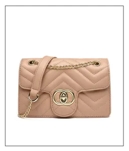 Elegant beige chevron quilted crossbody bag with gold chain strap and circular buckle