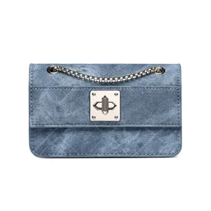Piccola borsa quadrata vintage in denim con tracolla a catena e chiusura a vite