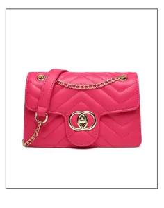 Elegant fuchsia quilted crossbody bag featuring a gold chain strap and stylish circular clasp