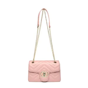 Stylish pink chevron quilted small square crossbody bag with gold chain shoulder strap