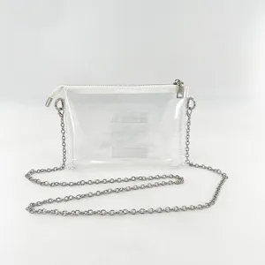 Close-up detail of a minimalist clear PVC mini bag with a silver metal chain strap