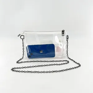 Close-up of transparent PVC bag showing internal space with phone and perfume