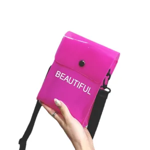 Leuchtend fuchsiafarbene transparente PVC Jelly Crossbody Handytasche mit Aufdruck
