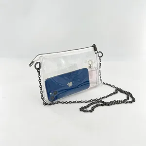 Detail view of a transparent PVC crossbody bag showing internal capacity with a phone and bottle