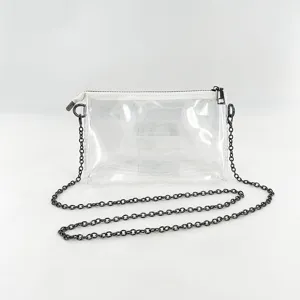 Detailed view of clear PVC jelly crossbody bag featuring a sleek black metal chain strap