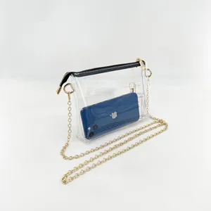 Detailed view of the clear PVC jelly crossbody bag featuring a golden chain and black zipper