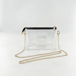 Detailed view of a clear PVC crossbody bag with a gold chain and black zipper closure.