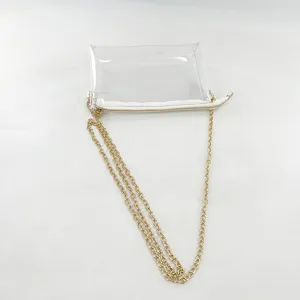 Transparent PVC jelly crossbody bag with gold chain strap and white zipper detail.