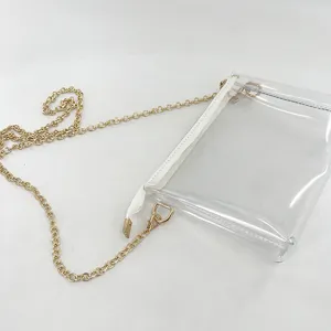 Detail view of transparent PVC crossbody bag highlighting the gold chain strap