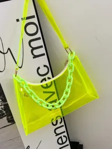 Neon yellow transparent PVC underarm bag with decorative chain strap