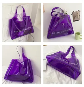 Detailed view of the large capacity purple PVC jelly tote bag with lettering