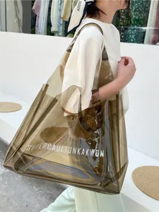 Large Capacity PVC Jelly Tote Bag Transparent Letter Print Women Shoulder Bag Casual Commuter Handbag Shopping Bag