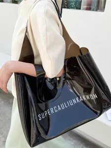 Large capacity black PVC jelly tote bag with white letter print for women's daily commute