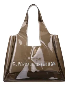 Large transparent smoke grey PVC jelly tote bag with letter print for daily commute shopping