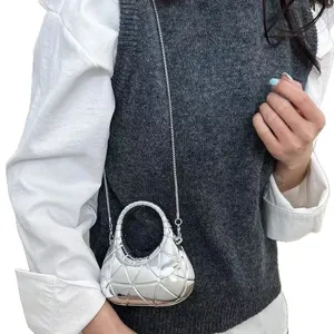 Trendy metallic silver geometric hard shell mini handbag with elegant silver chain strap