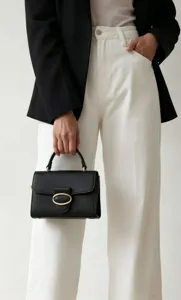 Elegant minimalist black leather handbag with gold oval clasp held by a professional model.