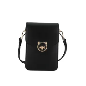 Minimalist black mini crossbody phone bag featuring a stylish gold cat-shaped metal buckle