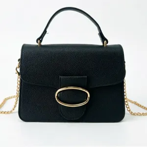 Elegant black textured handbag with gold oval buckle and chain strap