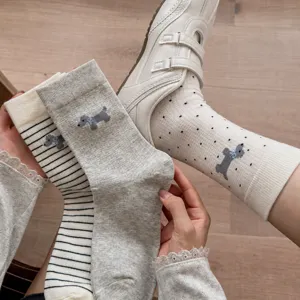 Women's Cute Dog Embroidery Cotton Mid-Tube Socks Casual Solid Color Polka Dot Striped Breathable Daily Wear Socks