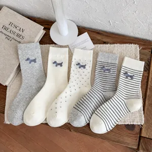 Women cute dog embroidered cotton mid-calf socks spring autumn gray striped dot 5 pairs