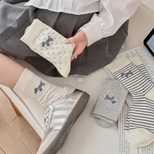 Women cute puppy embroidery mid tube socks cotton breathable casual spring autumn grey stack socks