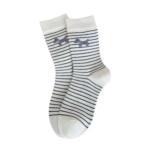 Women's cotton crew socks featuring cute black and white stripes and a gray dog pattern.