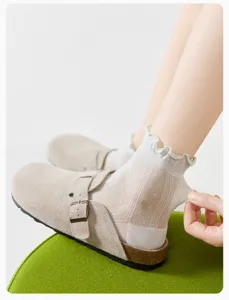 Women summer mulberry silk mesh lace socks, breathable sheer mid-tube ruffles hosiery detail.