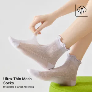 Summer thin mesh ruffled women socks breathable lightweight comfortable daily wear short crew socks