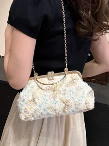 Elegante Abend-Clutch mit Schmetterlingsstickerei, Strassverschluss und Goldkette