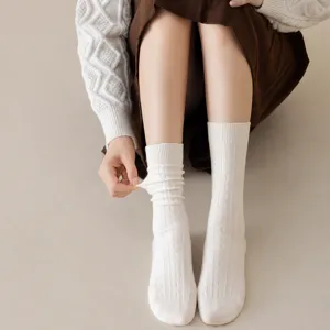 Women thick wool mid-calf socks cable knit winter warm thermal hosiery white pair