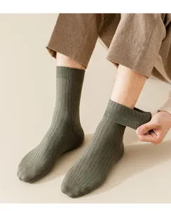 Detail shot of men's ribbed wool socks in army green, showing elastic cuff and soft fabric texture.