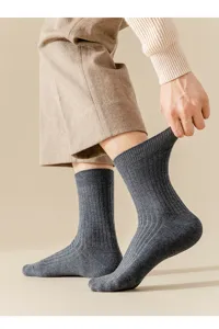 Men's ribbed wool mid-calf socks in dark grey, warm cashmere blend for winter business wear.