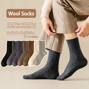 Men Wool Crew Socks Winter Warm Thermal Business Dress Socks Solid Color Ribbed Soft Comfortable Casual Socks