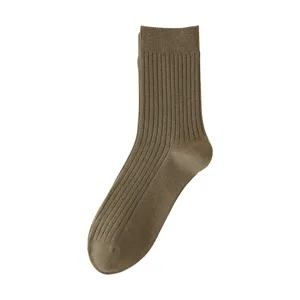 Men solid brown ribbed wool crew socks winter warm business casual hosiery single piece