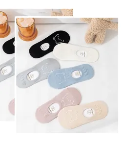Detailed view of summer thin women's boat socks with cute bear and non-slip design.