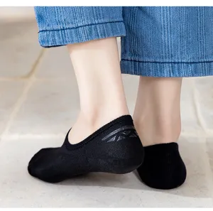 Women summer thin no-show boat socks with anti-slip heel grip breathable black shallow cut