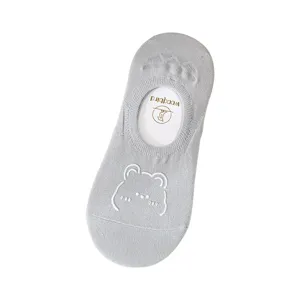 Women's grey low-cut invisible boat socks with cute bear pattern, summer thin socks.