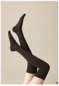 Detailed shot of dark brown over-the-knee knit socks, showcasing the fine ribbed texture.
