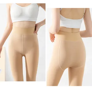 Thickened fleece-lined winter leggings, skin-colored high waist slimming thermal tights detail.