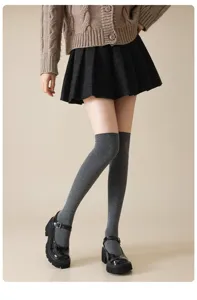 Grey over-the-knee cotton socks detail, winter warm long tube slimming leg design.