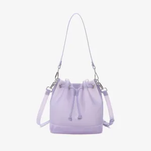 Detailed view of lavender frosted TPU jelly bucket bag featuring a drawstring closure