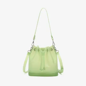 Close-up detail of frosted mint green TPU jelly bucket bag with drawstring closure