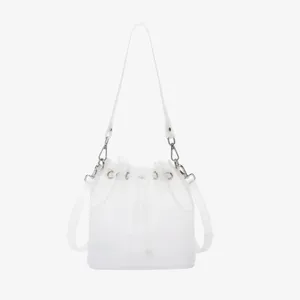 Detail of frosted white TPU jelly bucket bag featuring a drawstring and white strap