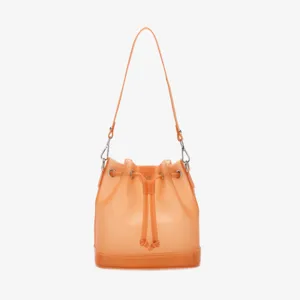 Macro view of frosted orange TPU jelly bucket bag with drawstring closure