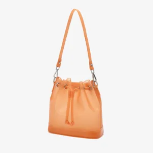 Detailed side view of an orange frosted TPU jelly bucket bag featuring a drawstring closure.
